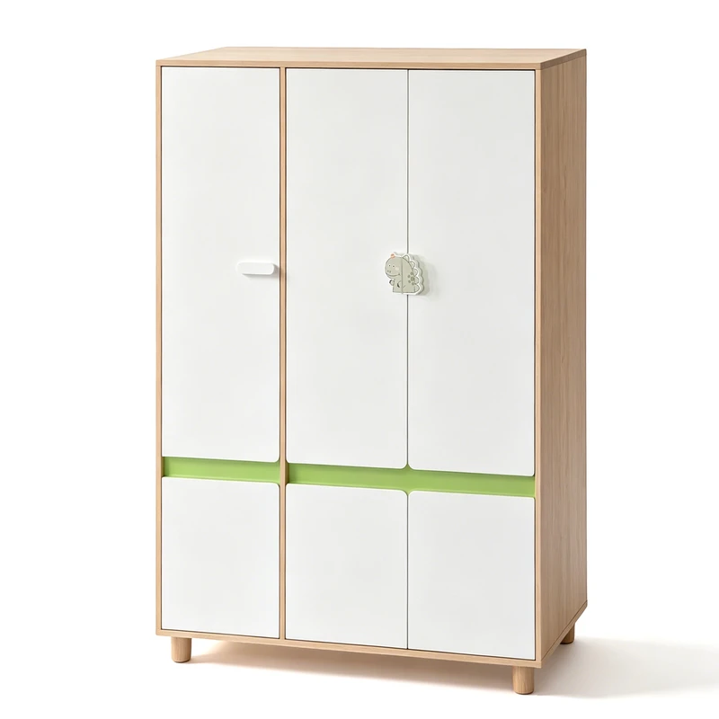 Детски Трикрилен Гардероб GINGER HOME DINO, с Рафтове, Лост за Закачалки и 6 Врати, Бяло, Зелено и Натурално Дърво, 120х60х180 см