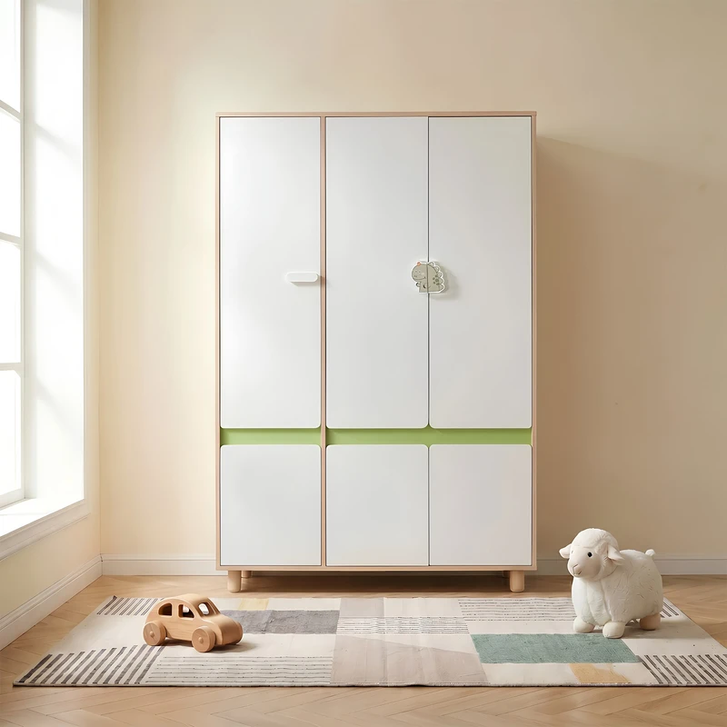Детски Трикрилен Гардероб GINGER HOME DINO, с Рафтове, Лост за Закачалки и 6 Врати, Бяло, Зелено и Натурално Дърво, 120х60х180 см