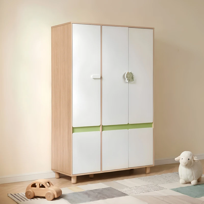 Детски Трикрилен Гардероб GINGER HOME DINO, с Рафтове, Лост за Закачалки и 6 Врати, Бяло, Зелено и Натурално Дърво, 120х60х180 см