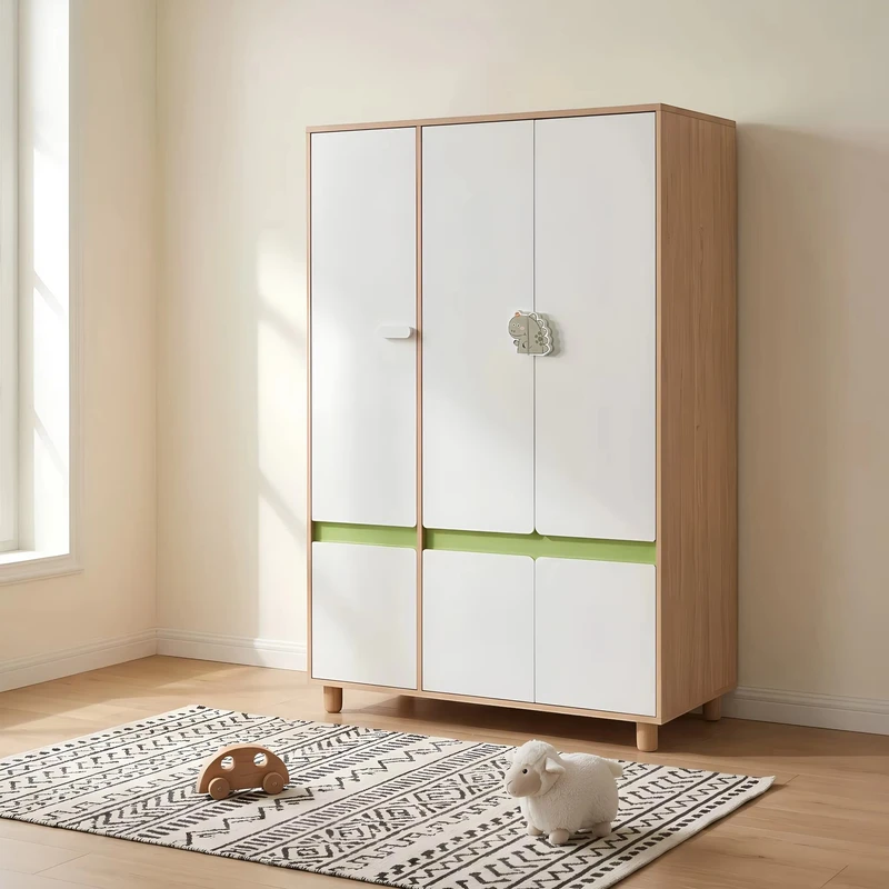 Детски Трикрилен Гардероб GINGER HOME DINO, с Рафтове, Лост за Закачалки и 6 Врати, Бяло, Зелено и Натурално Дърво, 120х60х180 см