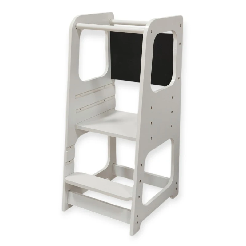 Монтесори Кула GINGER HOME, Образователно Столче с Черна Дъска и Регулируема Височина, Бяла, за Деца от 1-4 години