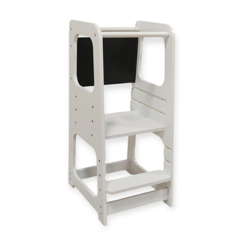 Монтесори Кула GINGER HOME, Образователно Столче с Черна Дъска и Регулируема Височина, Бяла, за Деца от 1-4 години