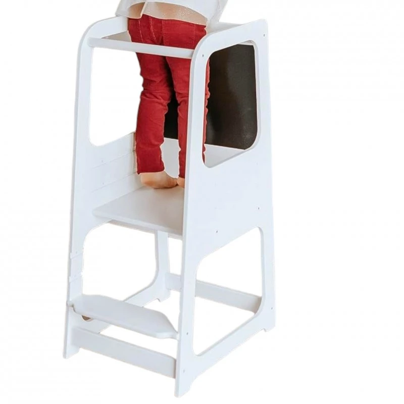 Монтесори Кула GINGER HOME, Образователно Столче с Черна Дъска и Регулируема Височина, Бяла, за Деца от 1-4 години