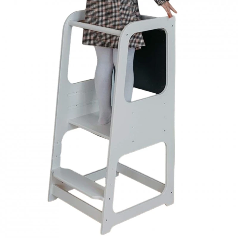Монтесори Кула GINGER HOME, Образователно Столче с Черна Дъска и Регулируема Височина, Бяла, за Деца от 1-4 години