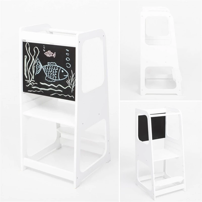 Монтесори Кула GINGER HOME, Образователно Столче с Черна Дъска и Регулируема Височина, Бяла, за Деца от 1-4 години