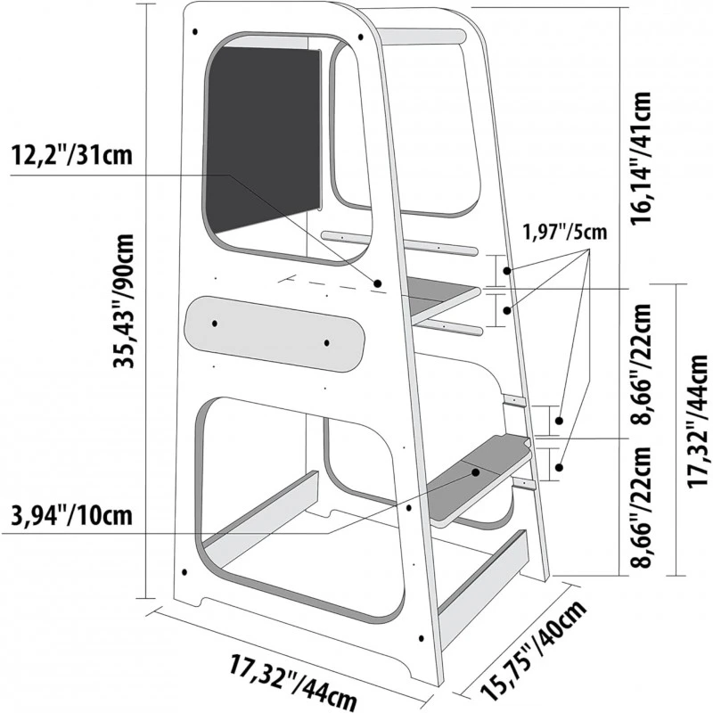 Монтесори Кула GINGER HOME, Образователно Столче с Черна Дъска и Регулируема Височина, Бяла, за Деца от 1-4 години