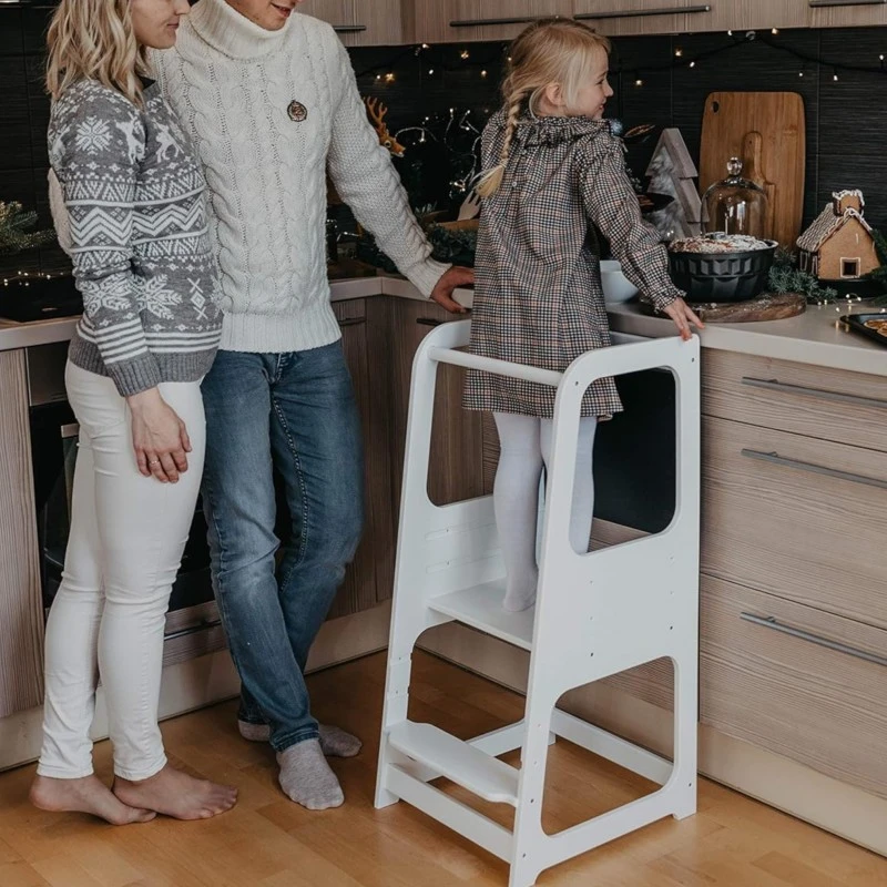 Монтесори Кула GINGER HOME, Образователно Столче с Черна Дъска и Регулируема Височина, Бяла, за Деца от 1-4 години