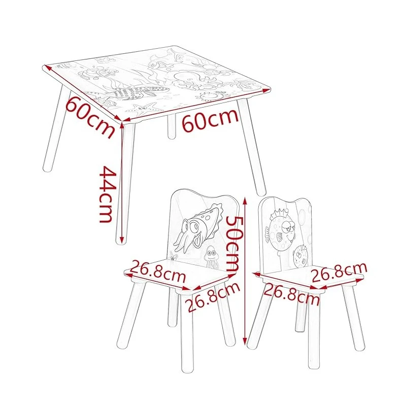 Детска Дървена Маса и Столчета GINGER HOME с Морски Животни - Комплект за Рисуване, Игра, Учене и Хранене