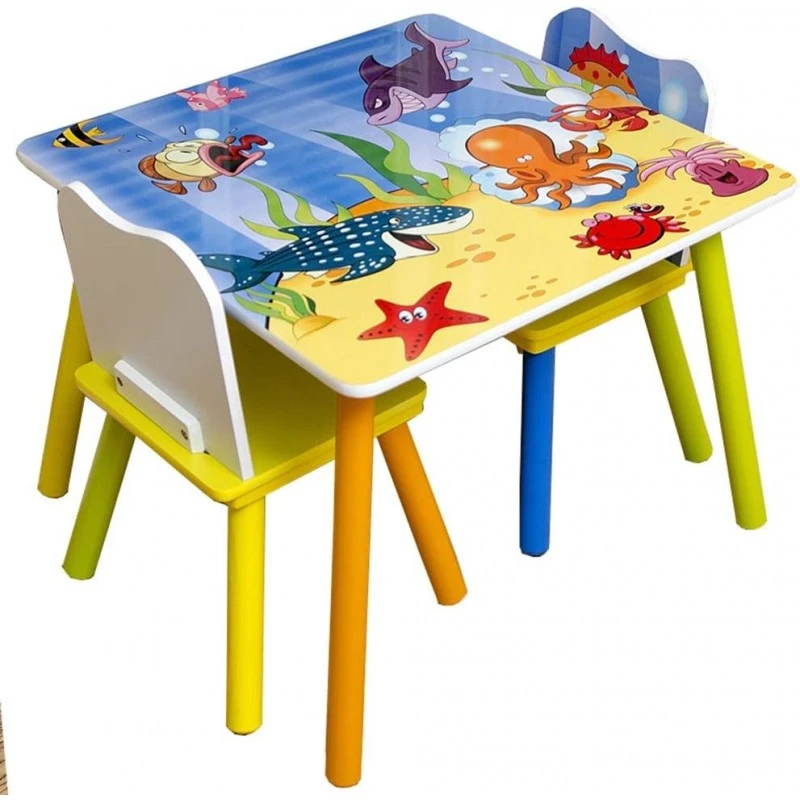 Детска Дървена Маса и Столчета GINGER HOME с Морски Животни - Комплект за Рисуване, Игра, Учене и Хранене