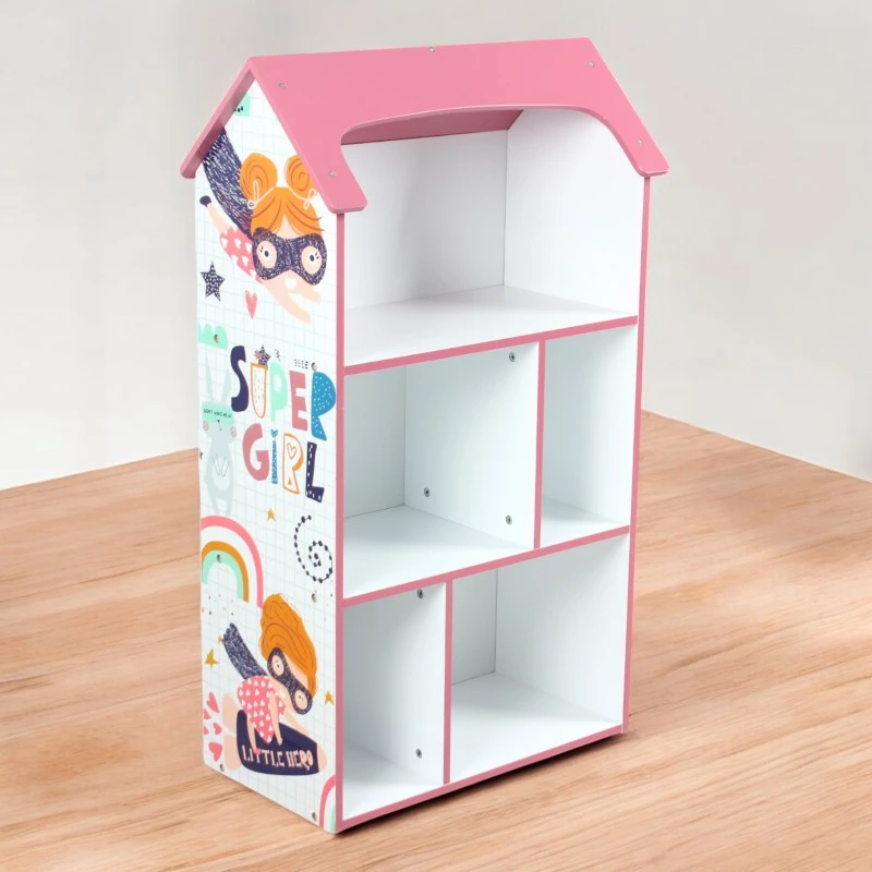 Детска етажерка GINGER HOME - Къщичка SUPER GIRL, Розова за съхранение на играчки и книжки