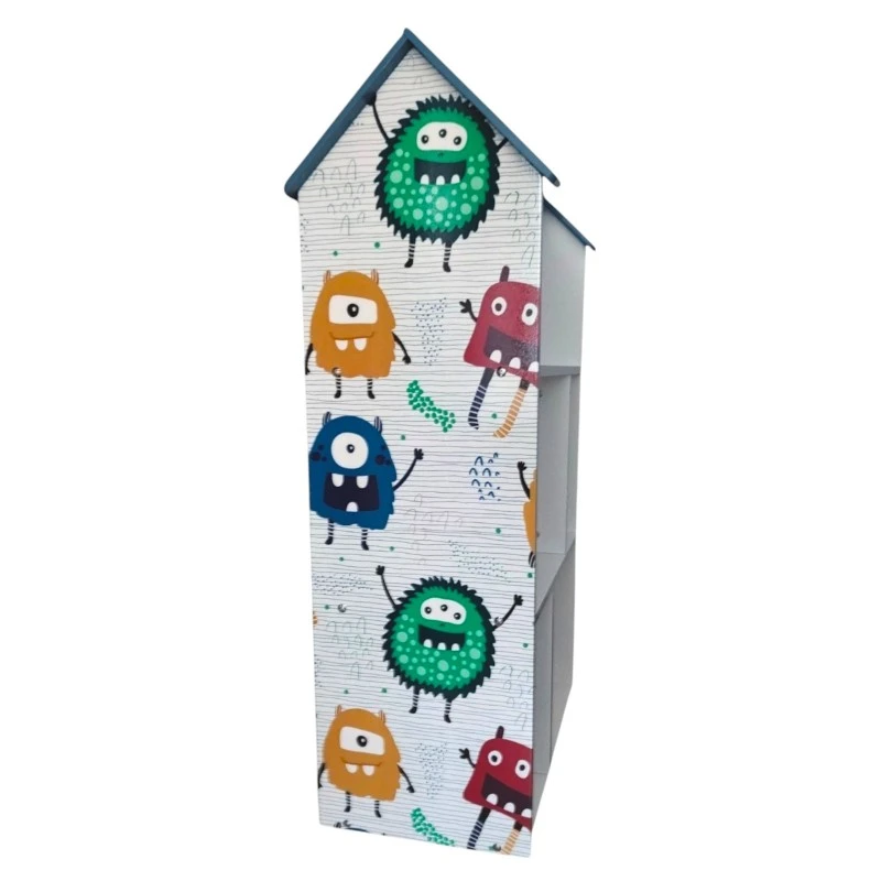 Детска етажерка GINGER HOME - Къщичка MONSTER, Синя за съхранение на играчки и книжки