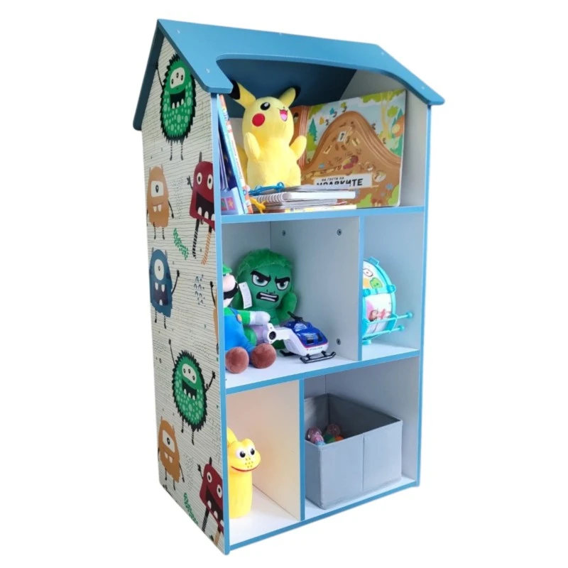 Детска етажерка GINGER HOME - Къщичка MONSTER, Синя за съхранение на играчки и книжки