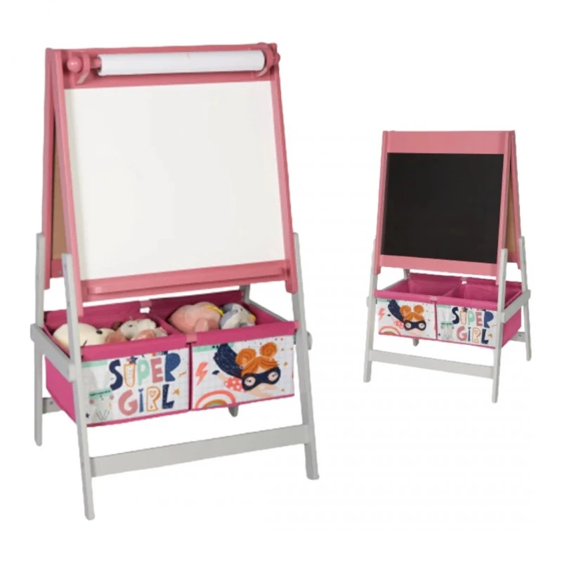 Детски Статив за Рисуване GINGER HOME 3 в 1 - Черна Дъска, Бяла Дъска, Хартиена Ролка SUPER GIRL
