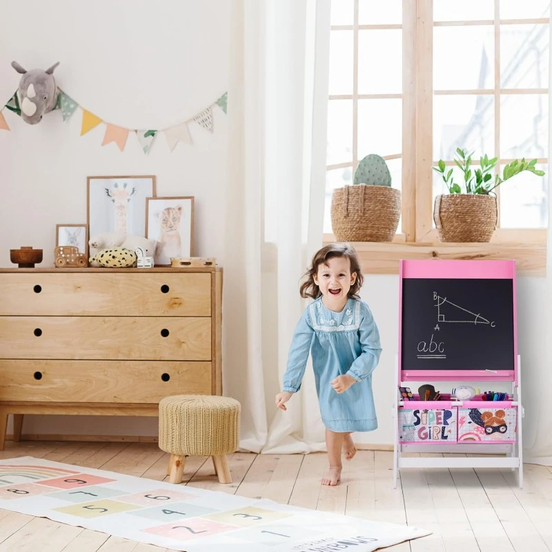 Детски Статив за Рисуване GINGER HOME 3 в 1 - Черна Дъска, Бяла Дъска, Хартиена Ролка SUPER GIRL