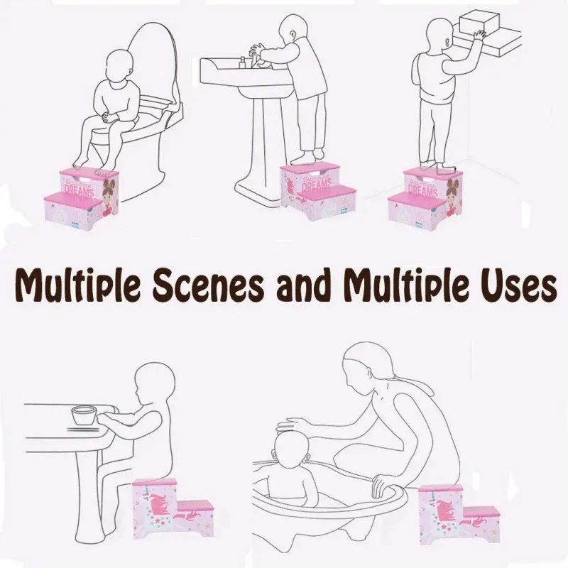 Детско Столче GINGER HOME, Дървено Стъпало на 2 Нива, Стълба за Детска Стая, Розово, SUPER GIRL