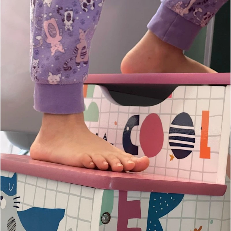 Детско Столче GINGER HOME, Дървено Стъпало на 2 Нива, Стълба за Детска Стая, Розово, SUPER GIRL