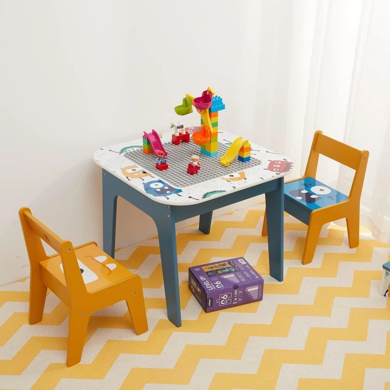 Детска Маса с 2 Столчета, Комплект - Двустранна, за Учене, Рисуване и Редене на Конструктори тип LEGO - MONSTER