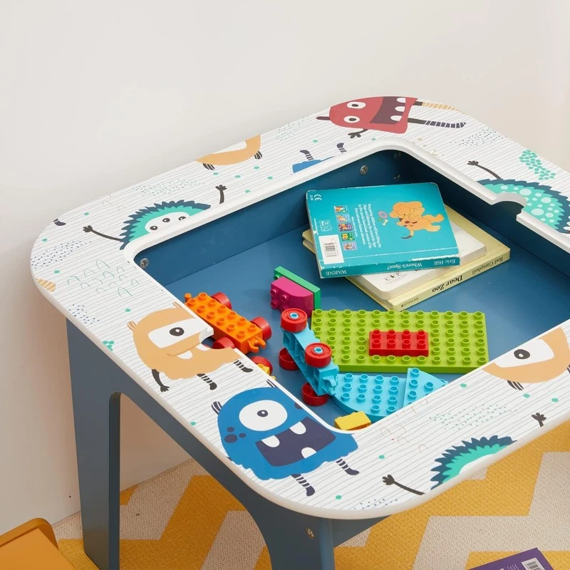 Детска Маса с 2 Столчета, Комплект - Двустранна, за Учене, Рисуване и Редене на Конструктори тип LEGO - MONSTER