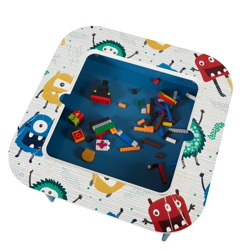 Детска Маса с 2 Столчета, Комплект - Двустранна, за Учене, Рисуване и Редене на Конструктори тип LEGO - MONSTER