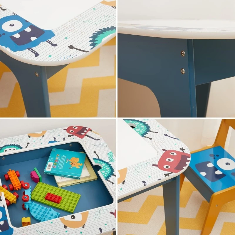 Детска Маса с 2 Столчета, Комплект - Двустранна, за Учене, Рисуване и Редене на Конструктори тип LEGO - MONSTER