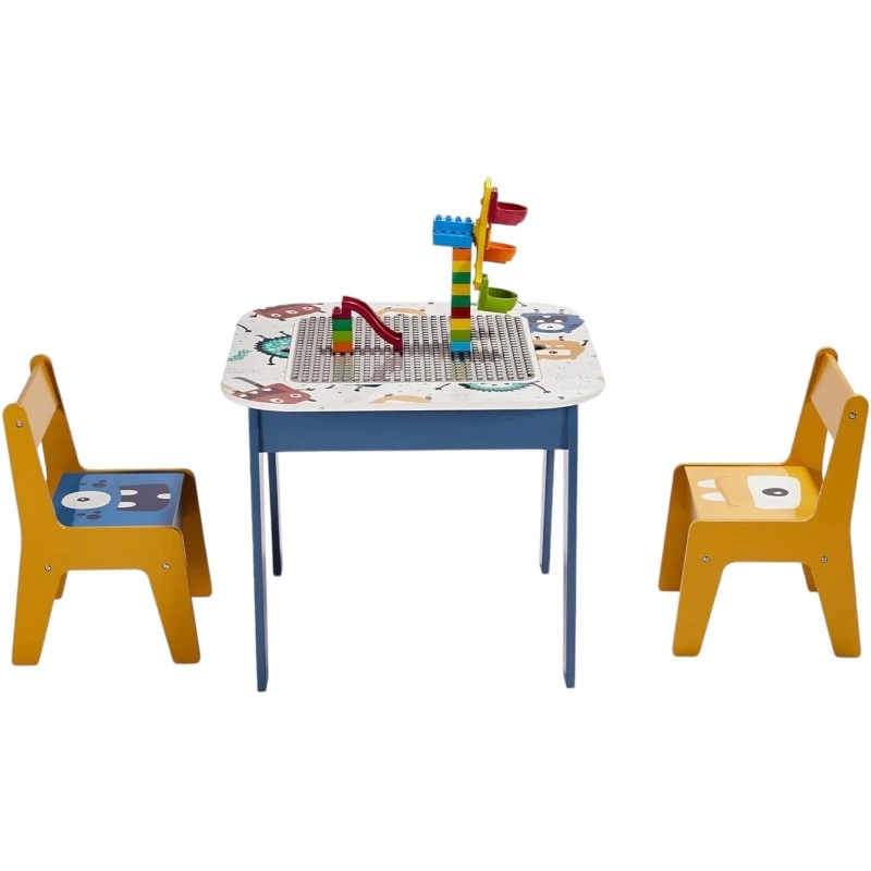 Детска Маса с 2 Столчета, Комплект - Двустранна, за Учене, Рисуване и Редене на Конструктори тип LEGO - MONSTER