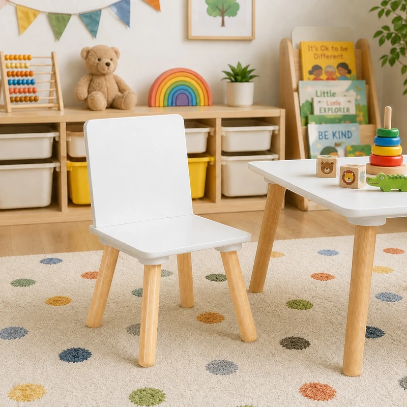 Бяло Детско Дървено Столче GINGER HOME, Скандинавски Стил, MDF и Борова Дървесина, Заоблени Ръбове, 26.8×26.8×50 см