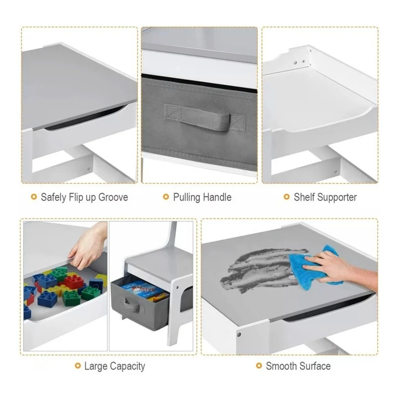 Детска Дървена Маса с 2 Столчета, Комплект, Двустранна с Черна Дъска, 2 в 1 - за Игра и Съхранение WHITE/GREYкт