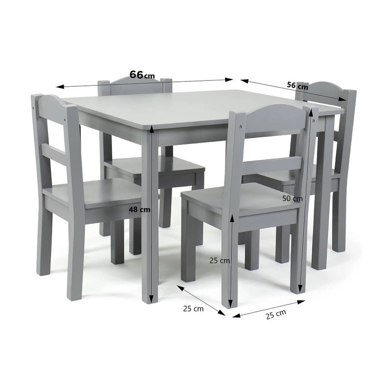 Детска Маса с 4 Столчета GINGER HOME – Дървена Детска Маса за Игра и Учене, Сив Комплект 66×56×48 см