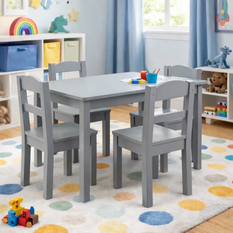 Детска Маса с 4 Столчета GINGER HOME – Дървена Детска Маса за Игра и Учене, Сив Комплект 66×56×48 см