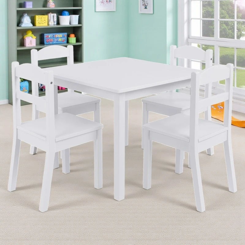 Детска Маса с 4 Столчета GINGER HOME, Дървен Комплект за Игра и Учение, Бял, 66x56x48 см