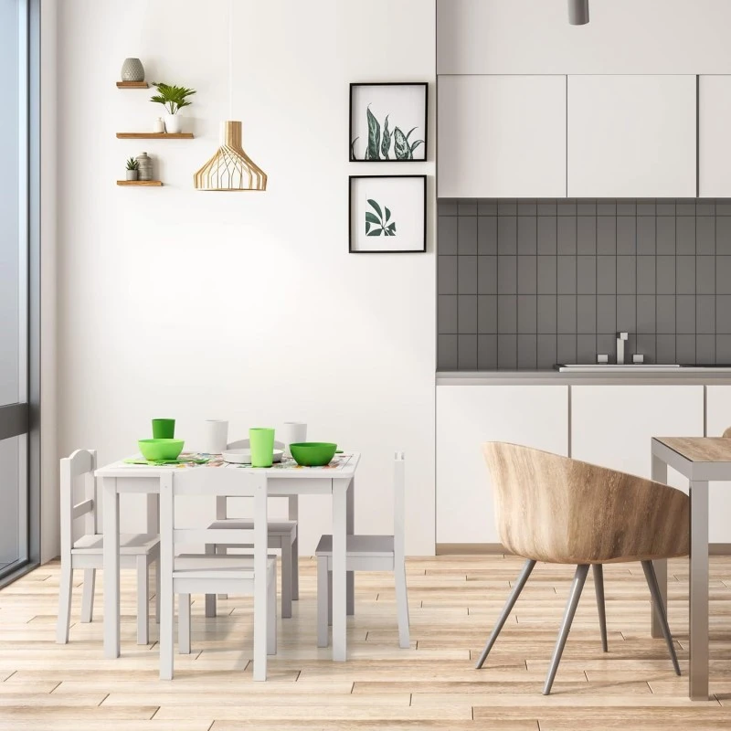 Детска Маса с 4 Столчета GINGER HOME, Дървен Комплект за Игра и Учение, Бял, 66x56x48 см