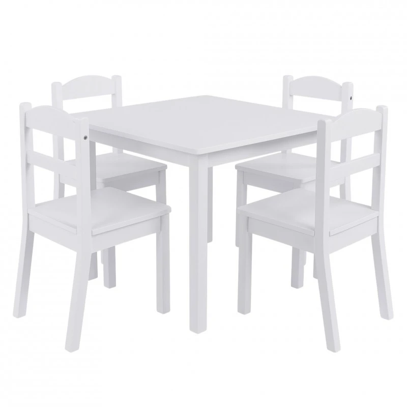 Детска Маса с 4 Столчета GINGER HOME, Дървен Комплект за Игра и Учение, Бял, 66x56x48 см