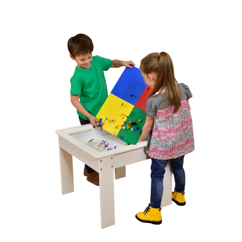 Детска Маса с 2 Столчета, Двустранна, Комплект от Дърво за Учене, Рисуване, Писане, Редене на Конструктори тип LEGO - WHITE/GRAY