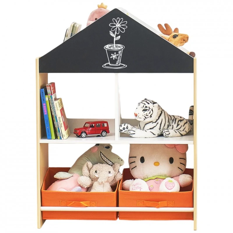 Детски Шкаф GINGER HOME, Етажерка за Играчки и Книжки с Черна Дъска за Писане, Къщичка, Дърво