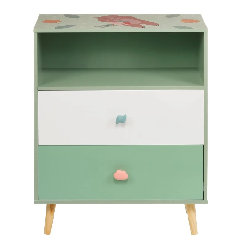 Детски Шкаф за Играчки и Дрехи GINGER HOME, Етажерка за Детска Стая с 2 чекмеджета, Мече, FOREST