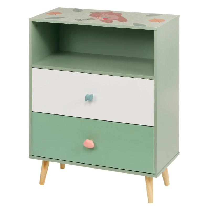 Детски Шкаф за Играчки и Дрехи GINGER HOME, Етажерка за Детска Стая с 2 чекмеджета, Мече, FOREST