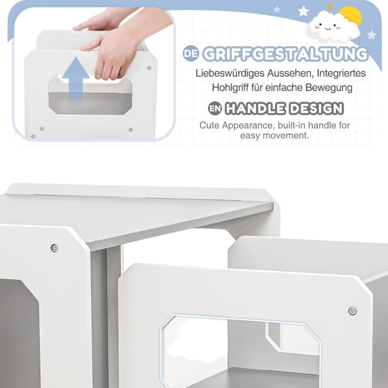 Детска маса и Столче GINGER HOME, Дървен Комплект 3 в 1, бяло и сиво