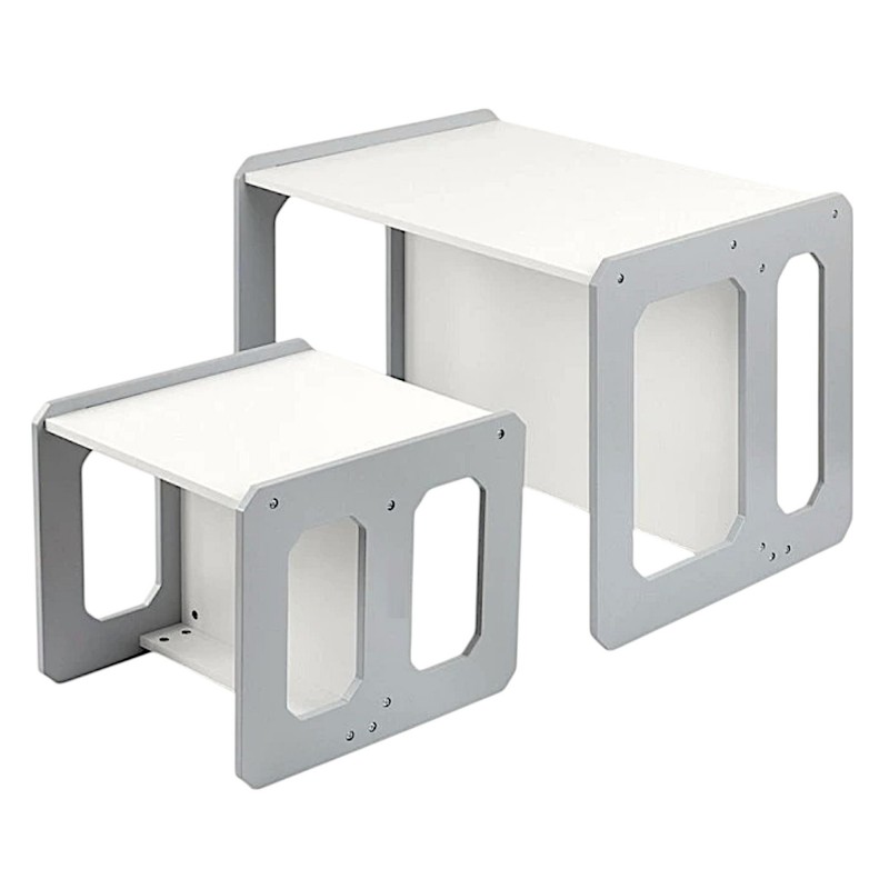 Детска маса и Столче GINGER HOME, Дървен Комплект 3 в 1, бяло и сиво