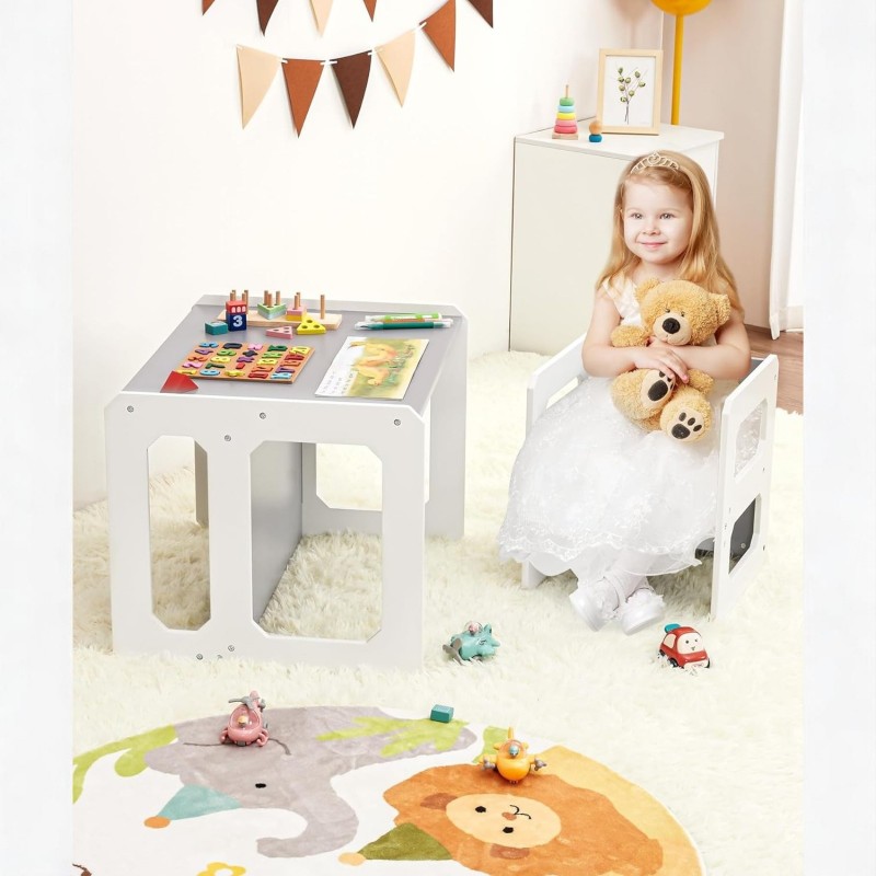 Детска маса и Столче GINGER HOME, Дървен Комплект 3 в 1, бяло и сиво