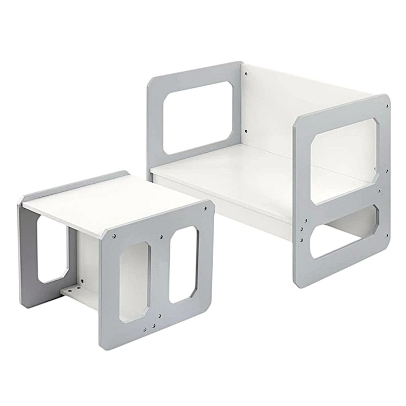 Детска маса и Столче GINGER HOME, Дървен Комплект 3 в 1, бяло и сиво