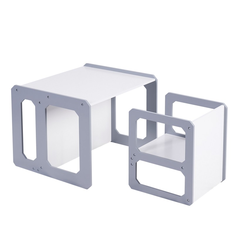 Детска маса и Столче GINGER HOME, Дървен Комплект 3 в 1, бяло и сиво