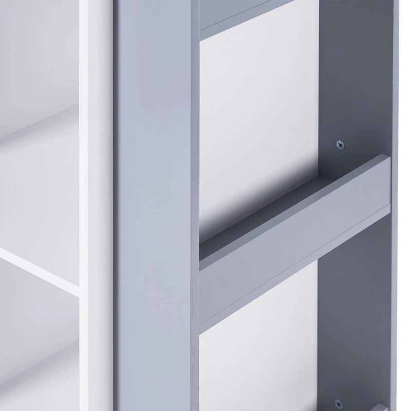 Детска Секция с Рафтове на 4 нива, Дървена, Въртяща се на 360°, за Съхранение на Книги и Играчки, Бяло, Сиво