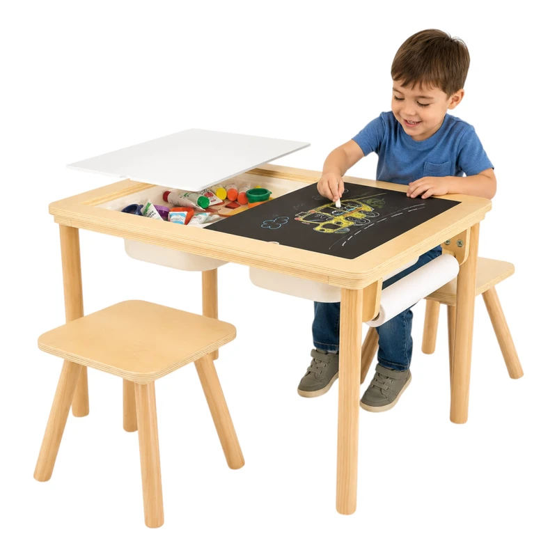 Детска Дървена Масичка за Активна Игра с 2 Столчета GINGER HOME 5 в 1, Дъска за Рисуване, Ролка Хартия и Кутии за Съхранение, 73x50x53.6 см