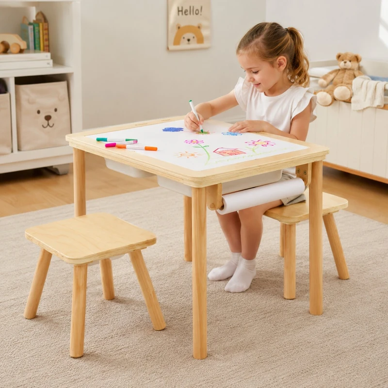 Детска Дървена Масичка за Активна Игра с 2 Столчета GINGER HOME 5 в 1, Дъска за Рисуване, Ролка Хартия и Кутии за Съхранение, 73x50x53.6 см