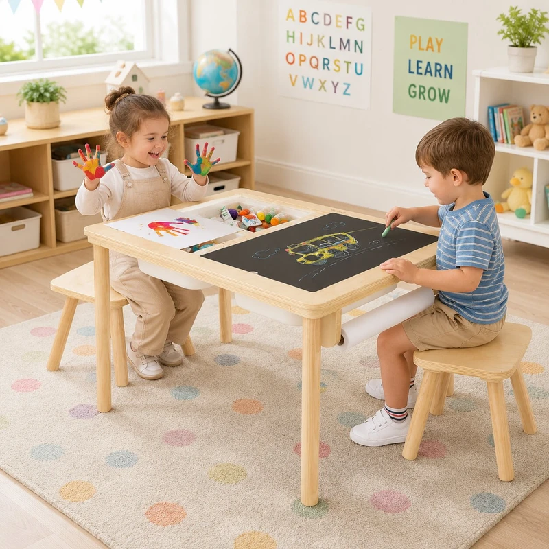 Детска Дървена Масичка за Активна Игра с 2 Столчета GINGER HOME 5 в 1, Дъска за Рисуване, Ролка Хартия и Кутии за Съхранение, 73x50x53.6 см