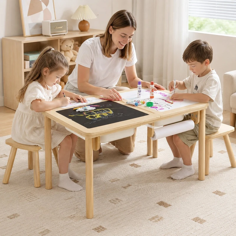 Детска Дървена Масичка за Активна Игра с 2 Столчета GINGER HOME 5 в 1, Дъска за Рисуване, Ролка Хартия и Кутии за Съхранение, 73x50x53.6 см