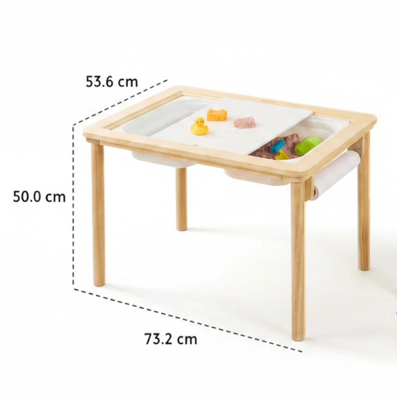 Детска Дървена Масичка за Активна Игра с 2 Столчета GINGER HOME 5 в 1, Дъска за Рисуване, Ролка Хартия и Кутии за Съхранение, 73x50x53.6 см