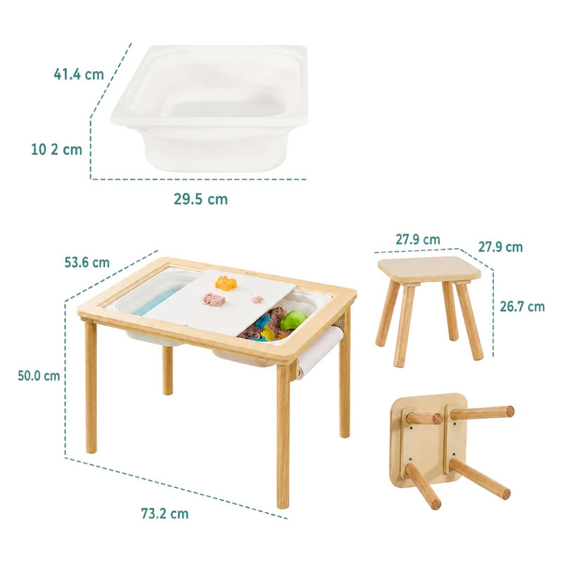 Детска Дървена Масичка за Активна Игра с 2 Столчета GINGER HOME 5 в 1, Дъска за Рисуване, Ролка Хартия и Кутии за Съхранение, 73x50x53.6 см