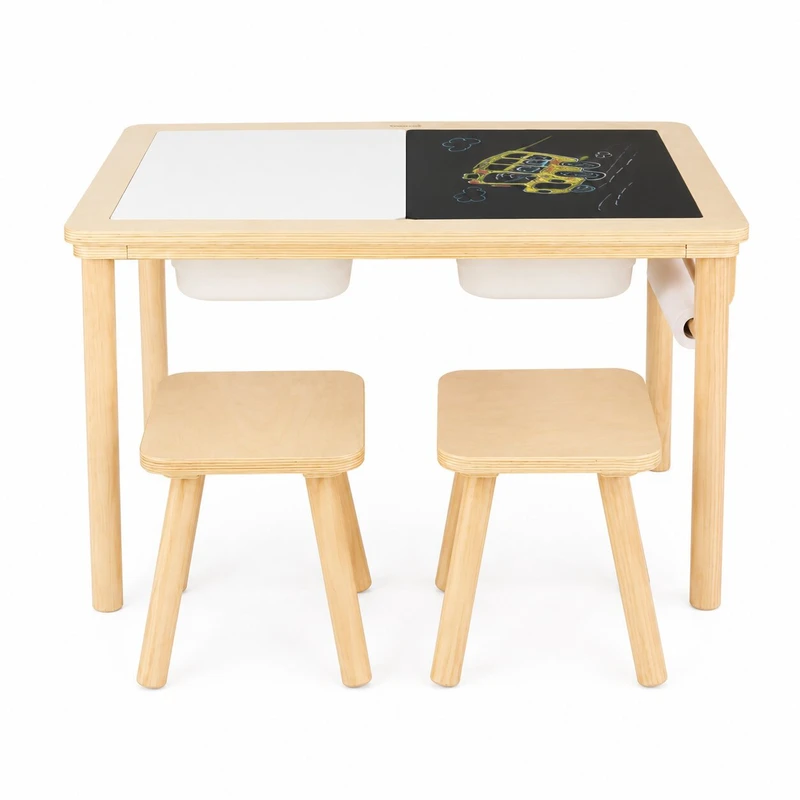 Детска Дървена Масичка за Активна Игра с 2 Столчета GINGER HOME 5 в 1, Дъска за Рисуване, Ролка Хартия и Кутии за Съхранение, 73x50x53.6 см