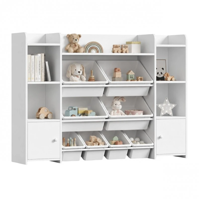 Голям Детски Органайзер GINGER HOME, Бяла Етажерка за Играчки и Книги с 8 Кутии за Съхранение и 2 Шкафа, 141.5x100x30 см